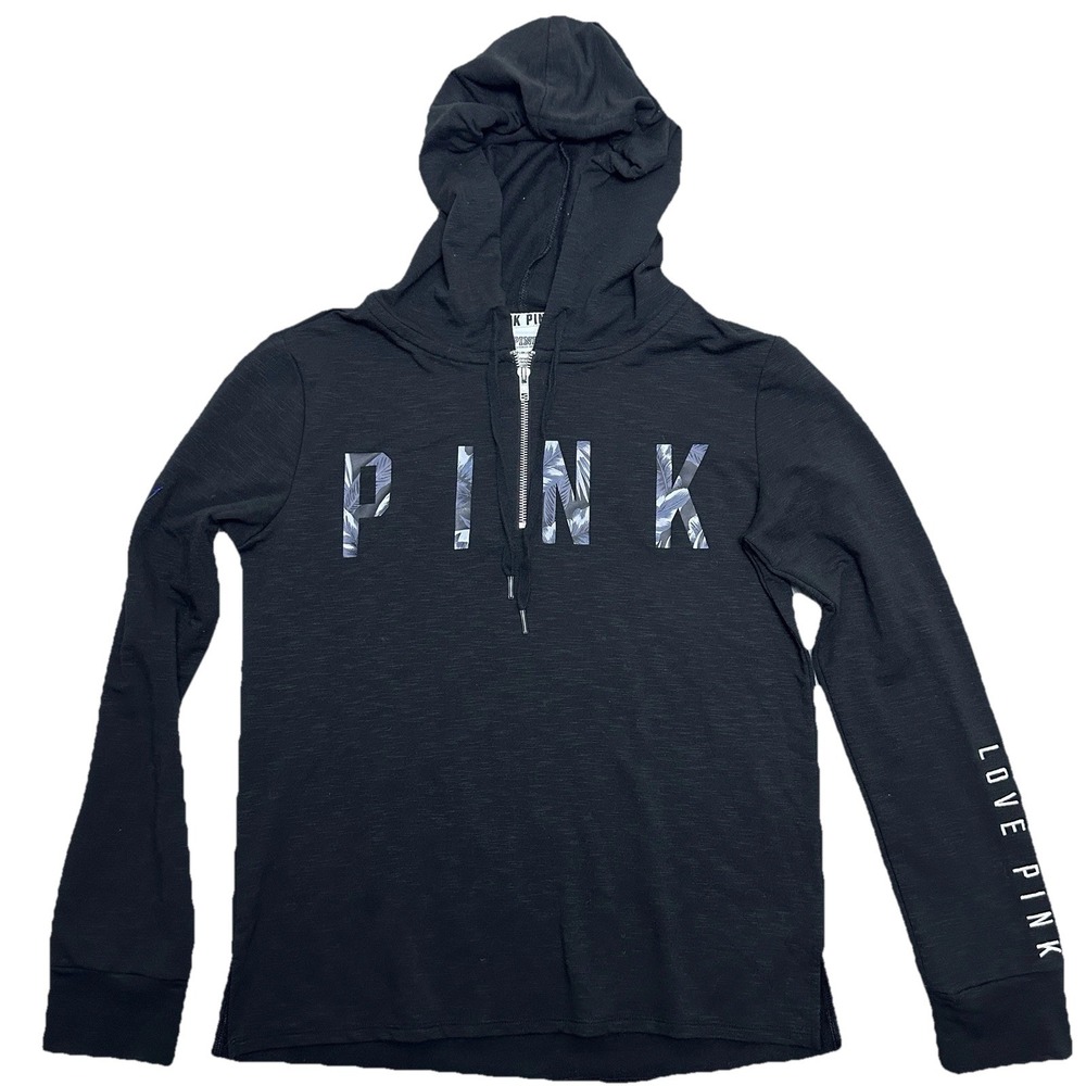 Victoria's Secret PINK Black Hooded Pullover Sweatshirt Love Pink XS Long Sleeve